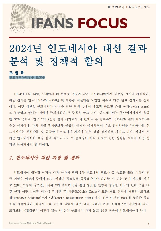 2024년 인도네시아 대선 결과  분석 및 정책적 함의