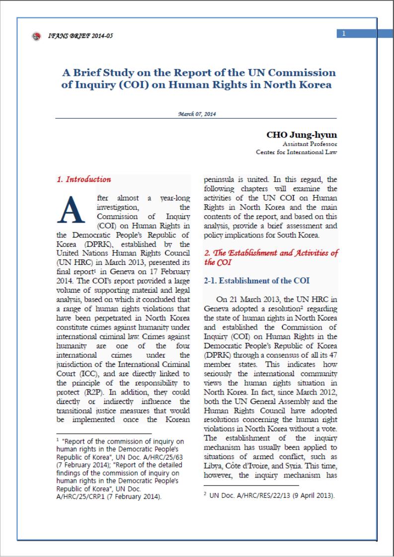 A Brief Study on the Report of the UN Commission of Inquiry (COI) on Human Rights in North Korea
