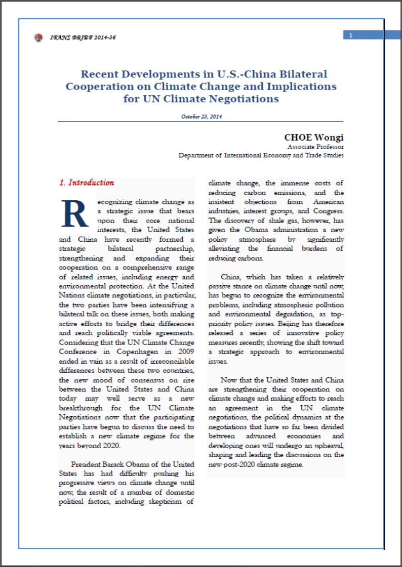 Recent Developments in U.S.-China Bilateral Cooperation on Climate Change and Implications for UN Climate Negotiations